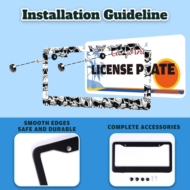 TINALUIN Skull License Plate Frame Black White Skeleton Stainless Steel License Plate Holder for Front or Rear Car Tags Funny for Car Decoration Accessories with Screws 6.3 X 12.2 in for Women Men - Image 4